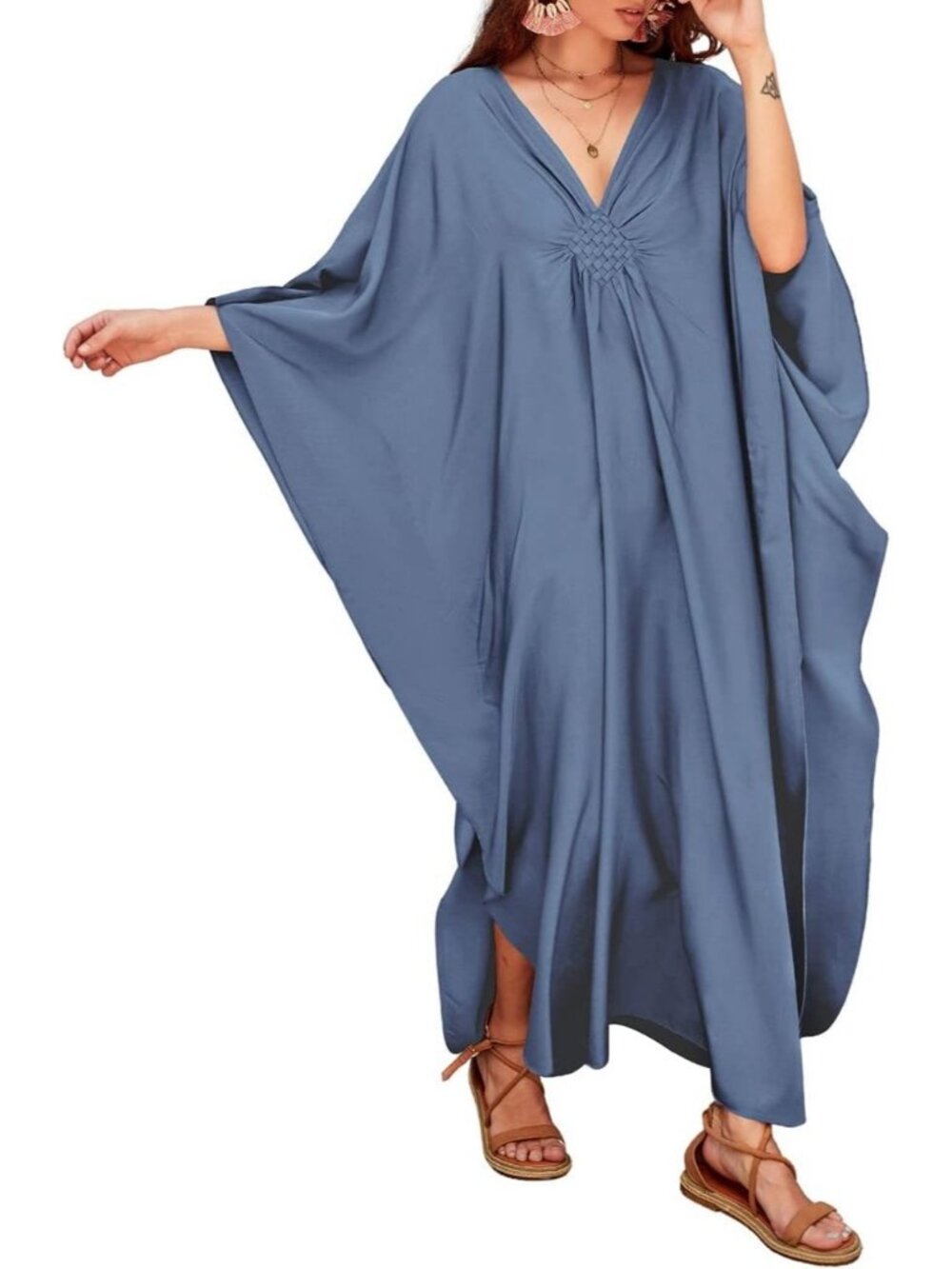 Women's Plus Size denim Color Kaftan Maxi Dress V Neck Batwing Swimsuit Cover Up